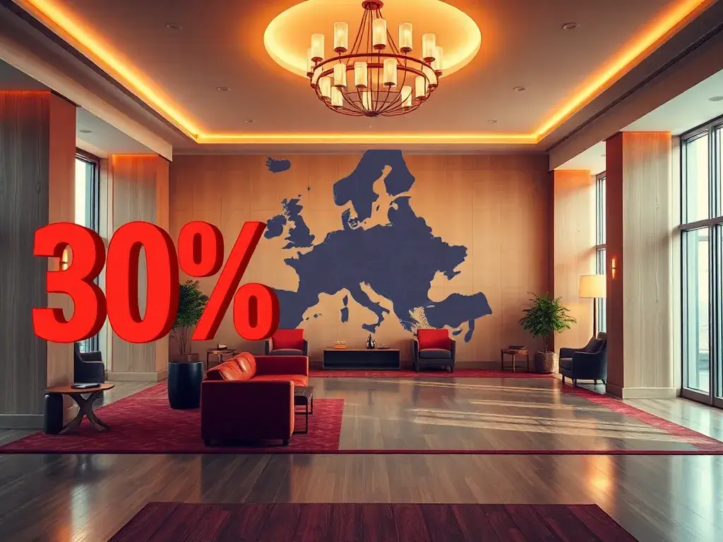 Accor: 30% Rabatt auf flexible Stays in Europa & Nordafrika: Hero-Bild: Eine stilvolle Hotellobby mit warmem Licht, großer roter -30%-Aufkl…