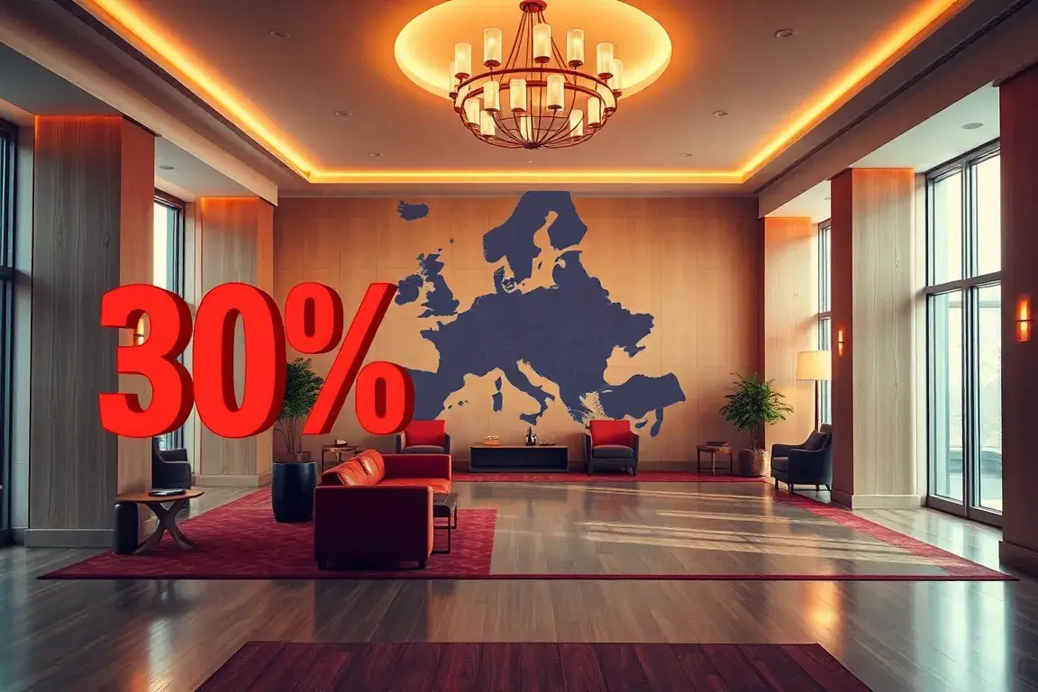 Accor: 30% Rabatt auf flexible Stays in Europa & Nordafrika: Hero-Bild: Eine stilvolle Hotellobby mit warmem Licht, großer roter -30%-Aufkl…