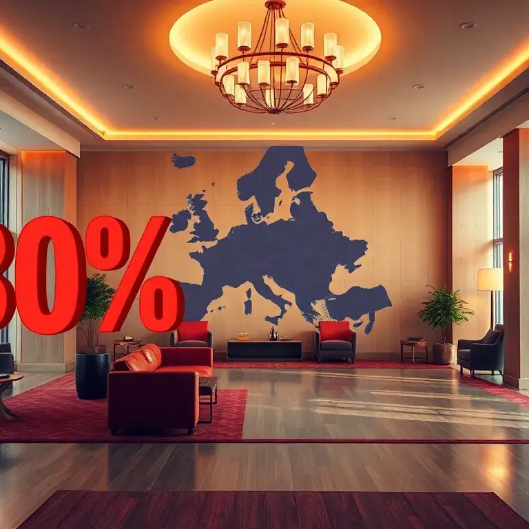 Accor: 30% Rabatt auf flexible Stays in Europa & Nordafrika: Hero-Bild: Eine stilvolle Hotellobby mit warmem Licht, großer roter -30%-Aufkl…