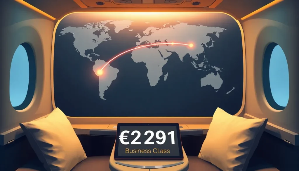 Australia: €2.291 Business Class nach Adelaide - Destination: Eine eindrucksvolle Mid-Post-Illustration einer luxuriösen Business-Class-Kab…