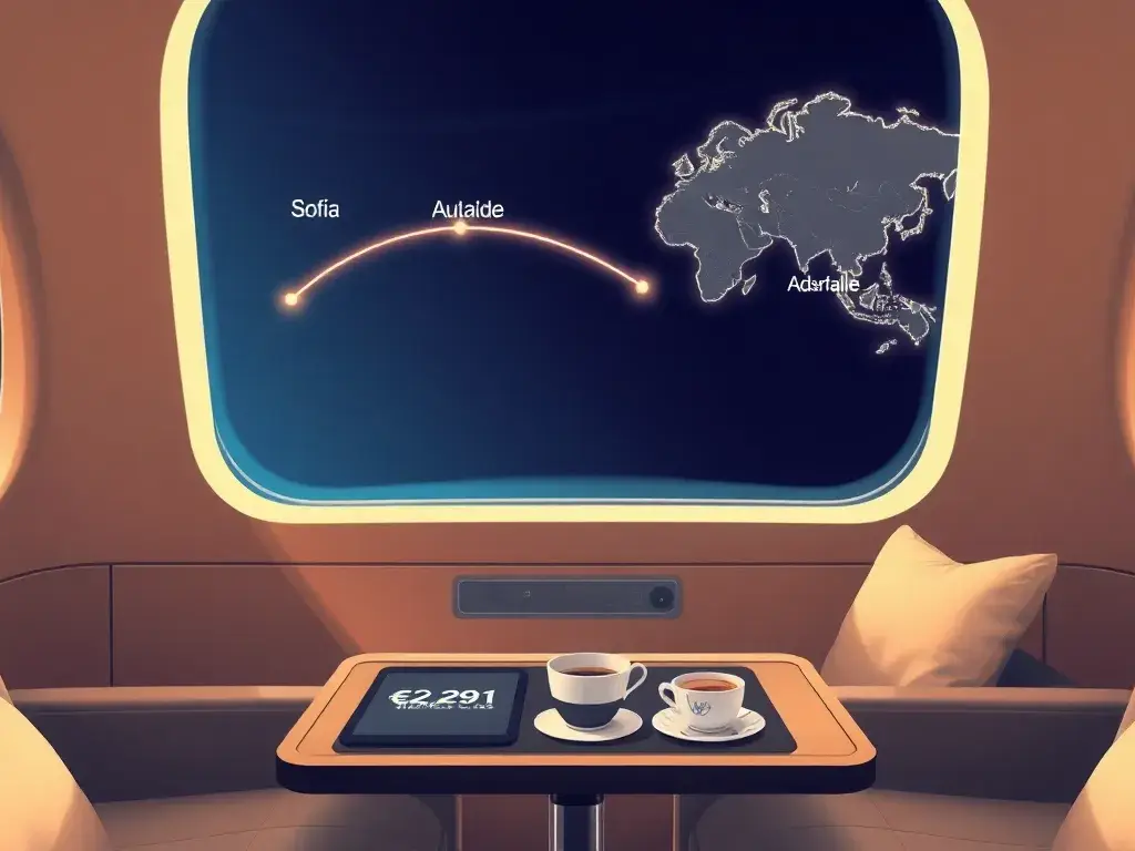 Australia: €2.291 Business Class nach Adelaide: Eine hochwertige, fotorealistische Hero-Illustration einer luxuriösen Business-Class-Kabine…