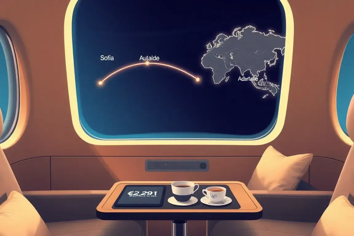 Australia: €2.291 Business Class nach Adelaide: Eine hochwertige, fotorealistische Hero-Illustration einer luxuriösen Business-Class-Kabine…