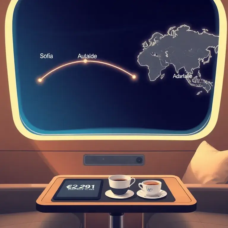 Australia: €2.291 Business Class nach Adelaide: Eine hochwertige, fotorealistische Hero-Illustration einer luxuriösen Business-Class-Kabine…