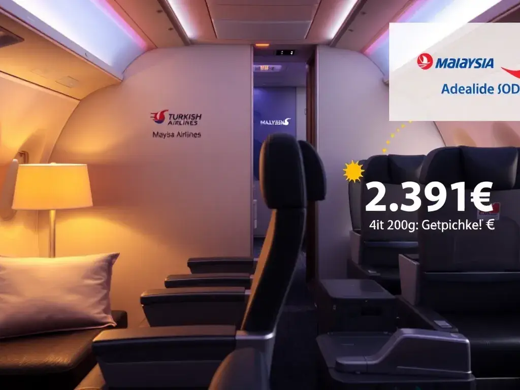 Australien Business Class: 2.291€ Sofia–Adelaide: Fotorealistisches Header-Bild (16:9) eines luxuriösen Business-Class-Sitzes, warme Beleuc…