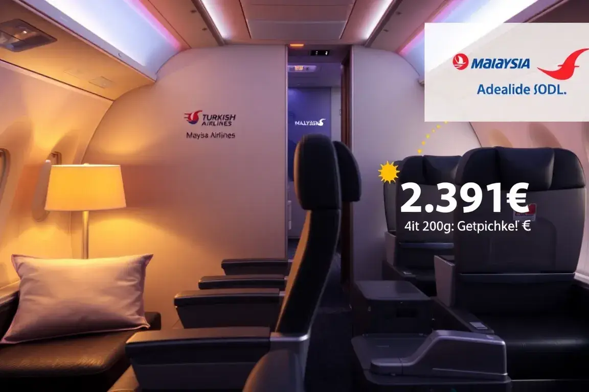 Australien Business Class: 2.291€ Sofia–Adelaide: Fotorealistisches Header-Bild (16:9) eines luxuriösen Business-Class-Sitzes, warme Beleuc…