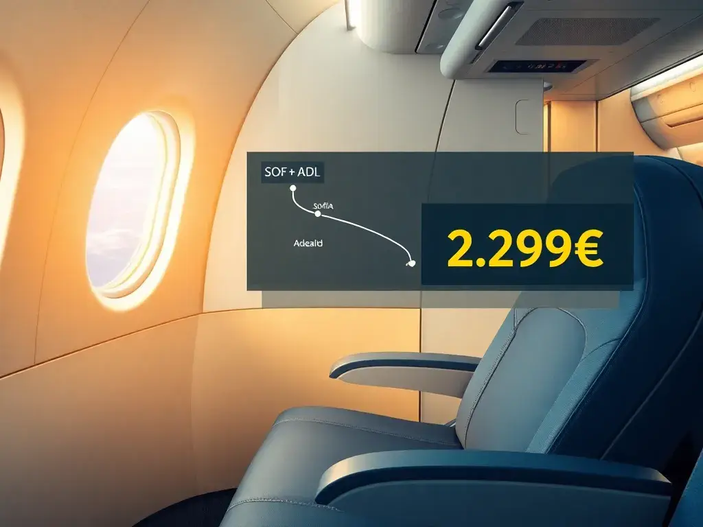 Australien Business Class: 2.291€ Sofia–Adelaide: Fotorealistisches Hauptbild eines luxuriösen Airbus A350 in der Business Class, vollständ…