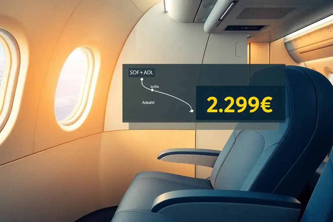 Australien Business Class: 2.291€ Sofia–Adelaide: Fotorealistisches Hauptbild eines luxuriösen Airbus A350 in der Business Class, vollständ…