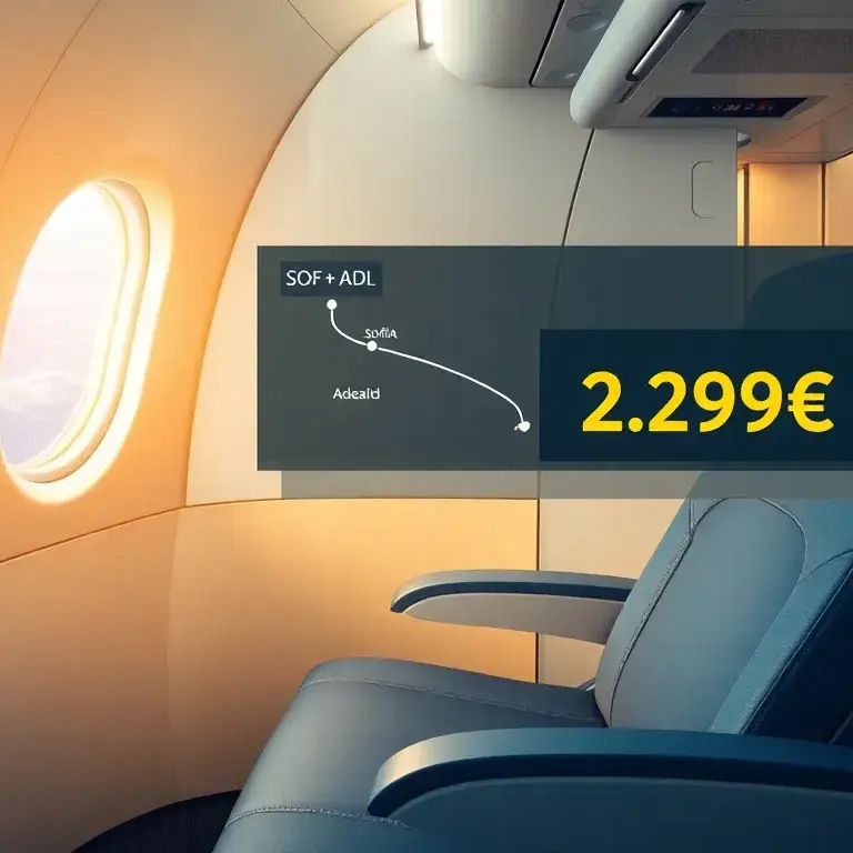 Australien Business Class: 2.291€ Sofia–Adelaide: Fotorealistisches Hauptbild eines luxuriösen Airbus A350 in der Business Class, vollständ…