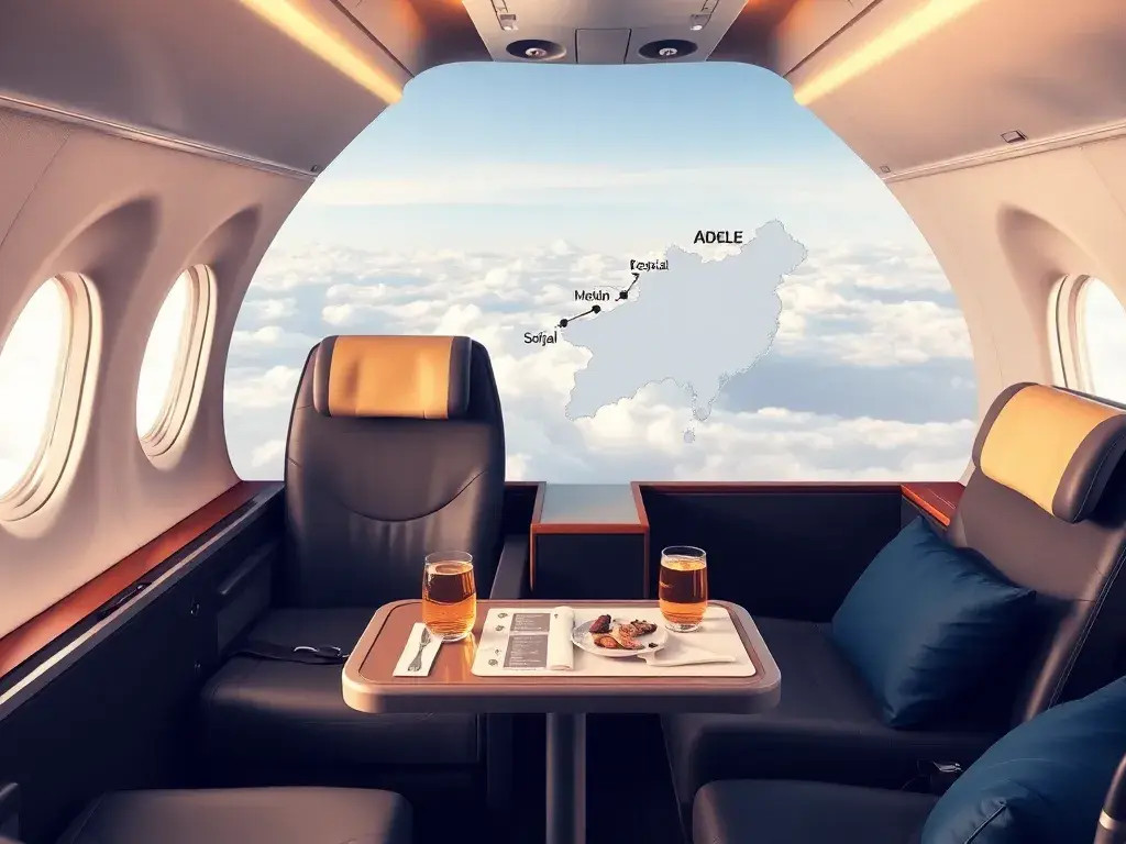 Australien Business Class: Sofia–Adelaide 2.291 €: Fotorealistisches Header-Bild: Luxuriöse Airbus A350-Business-Class-Kabine mit Lie-Flat-…