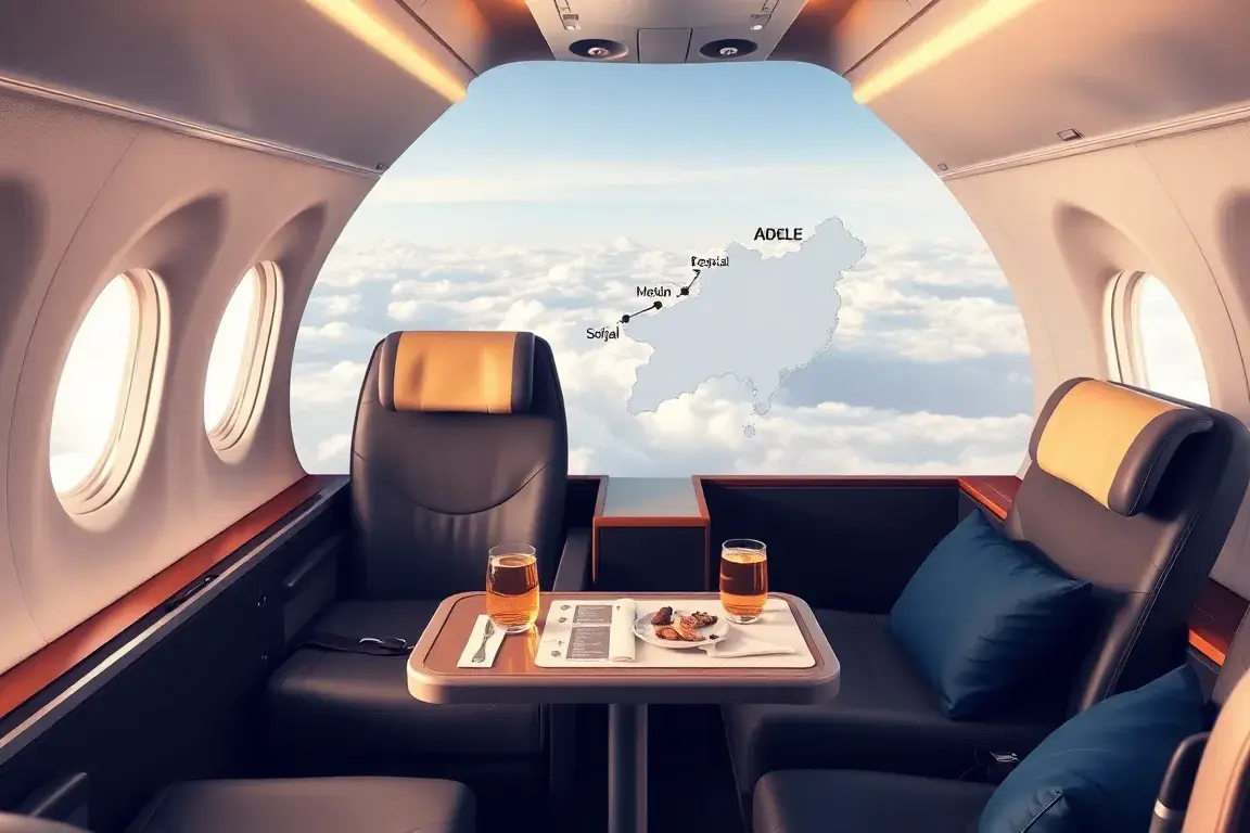 Australien Business Class: Sofia–Adelaide 2.291 €: Fotorealistisches Header-Bild: Luxuriöse Airbus A350-Business-Class-Kabine mit Lie-Flat-…