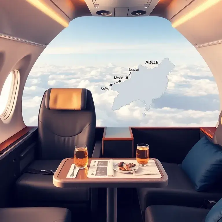 Australien Business Class: Sofia–Adelaide 2.291 €: Fotorealistisches Header-Bild: Luxuriöse Airbus A350-Business-Class-Kabine mit Lie-Flat-…