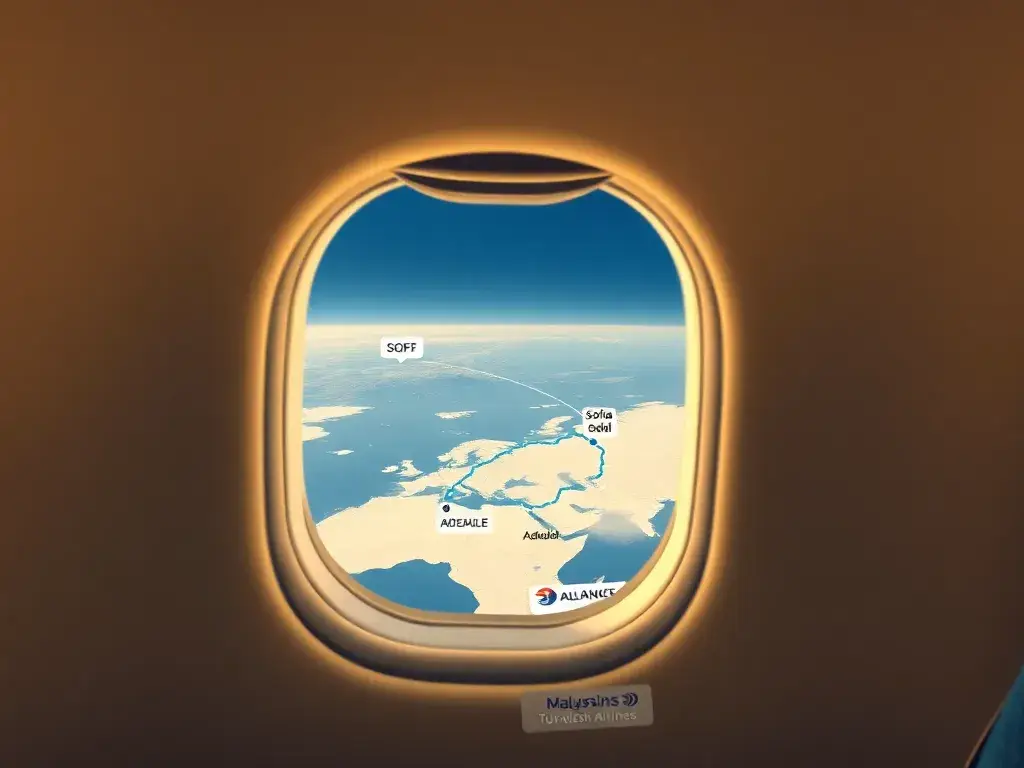 Australien Business Class: Sofia–Adelaide €2.291: Eine hochwertige, realistische Darstellung einer luxuriösen Business-Class-Kabine auf ein…