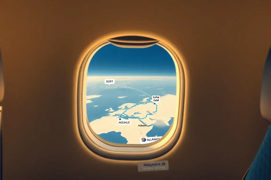 Australien Business Class: Sofia–Adelaide €2.291: Eine hochwertige, realistische Darstellung einer luxuriösen Business-Class-Kabine auf ein…