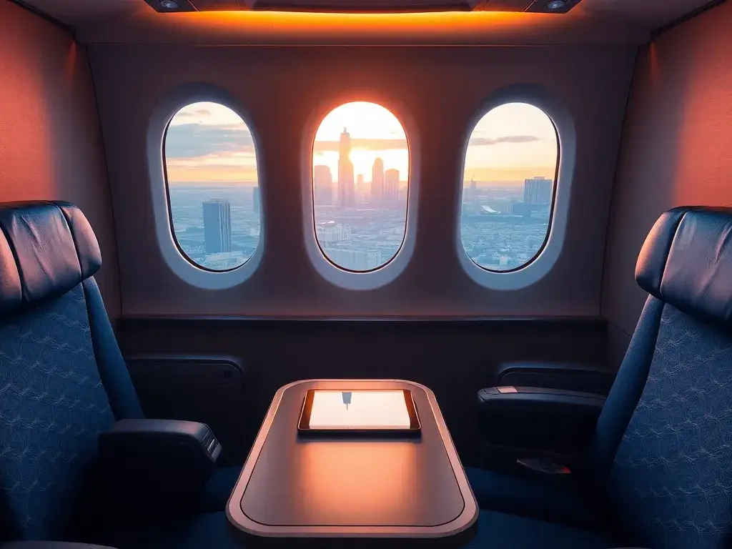 Australien Business Class: Sofia–Adelaide, €2,291: Eine fotorealistische Hauptbildbeschreibung: luxuriöse Business-Class-Kabine mit großzüg…