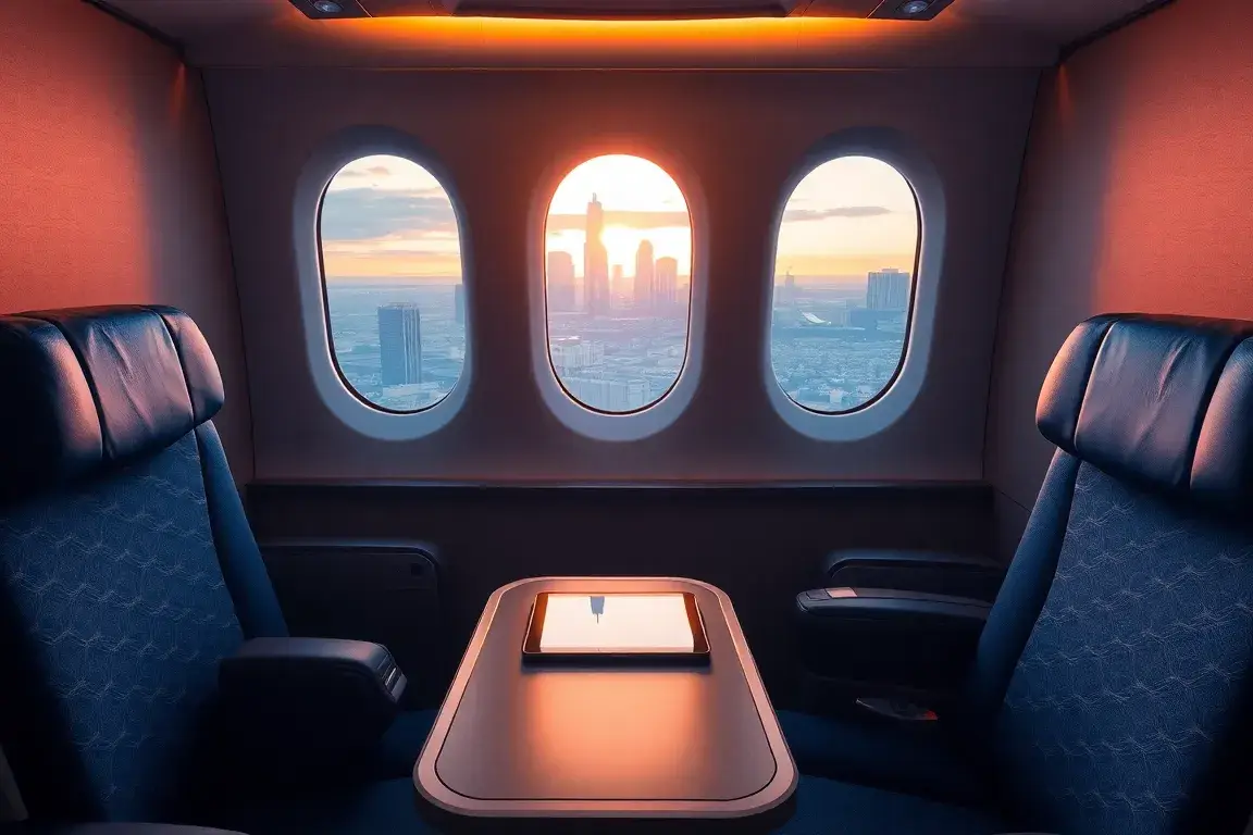 Australien Business Class: Sofia–Adelaide, €2,291: Eine fotorealistische Hauptbildbeschreibung: luxuriöse Business-Class-Kabine mit großzüg…