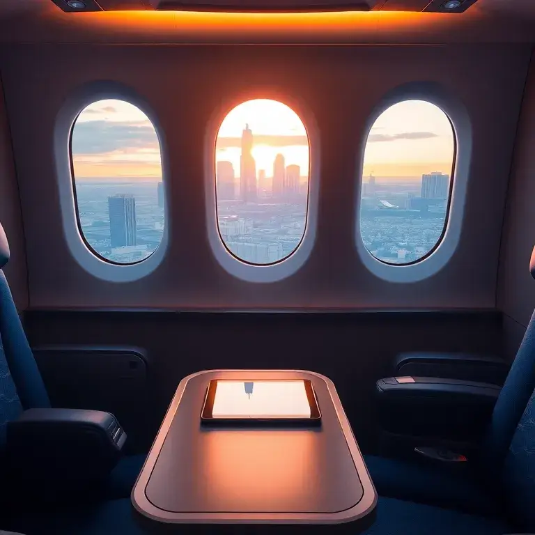 Australien Business Class: Sofia–Adelaide, €2,291: Eine fotorealistische Hauptbildbeschreibung: luxuriöse Business-Class-Kabine mit großzüg…