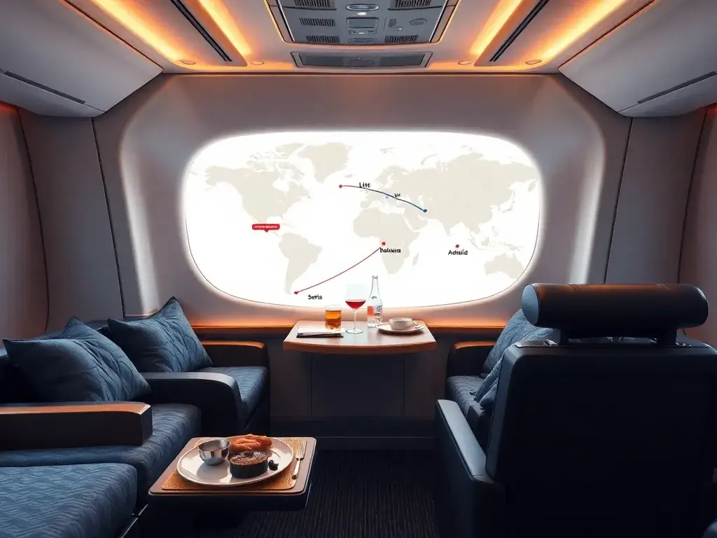 Australien-Deal: €2.291 Business Class mit Turkish & Malaysia: Fotorealistisches 8K-Hauptbild einer luxuriösen Business-Class-Kabine auf ei…