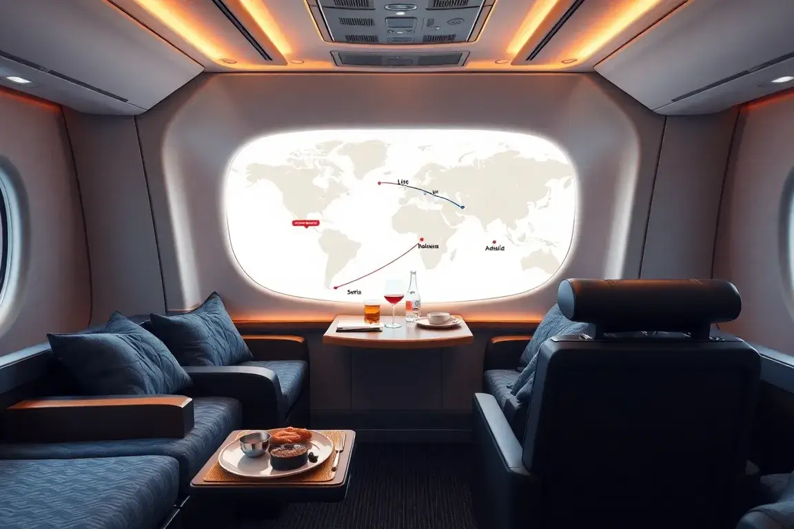 Australien-Deal: €2.291 Business Class mit Turkish & Malaysia: Fotorealistisches 8K-Hauptbild einer luxuriösen Business-Class-Kabine auf ei…