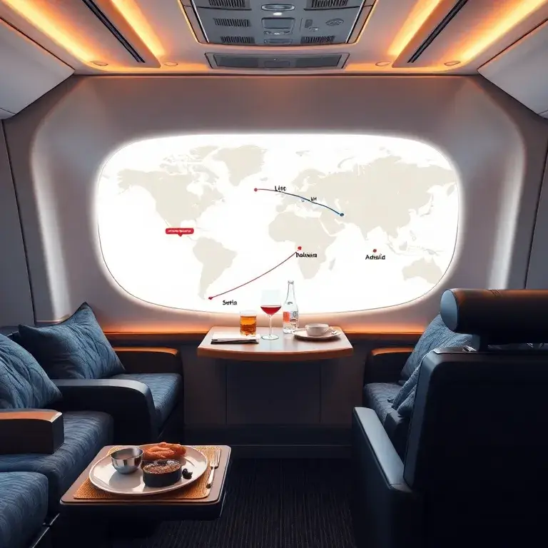 Australien-Deal: €2.291 Business Class mit Turkish & Malaysia: Fotorealistisches 8K-Hauptbild einer luxuriösen Business-Class-Kabine auf ei…