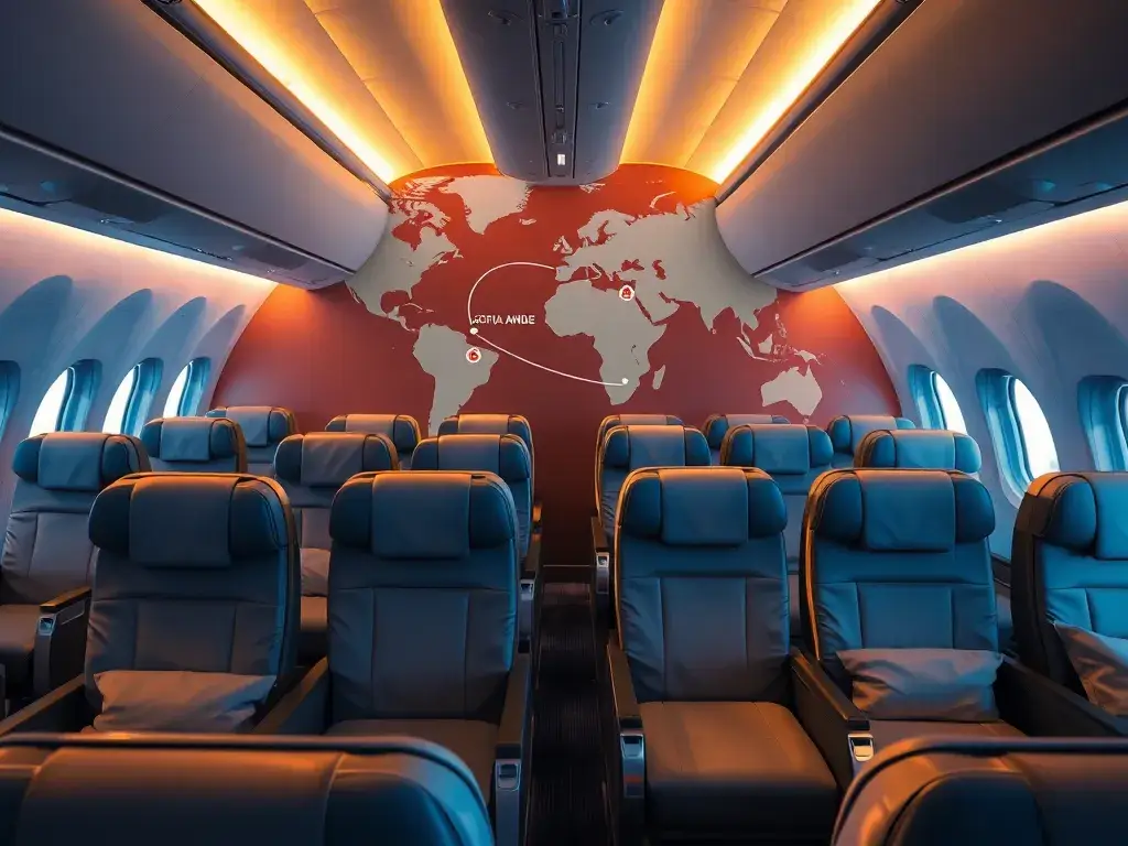 Australien: €2.291 Business Class Sofia–Adelaide: Erstelle ein fotorealistisches Bild einer luxuriösen Business Class Kabine in einem Flugz…