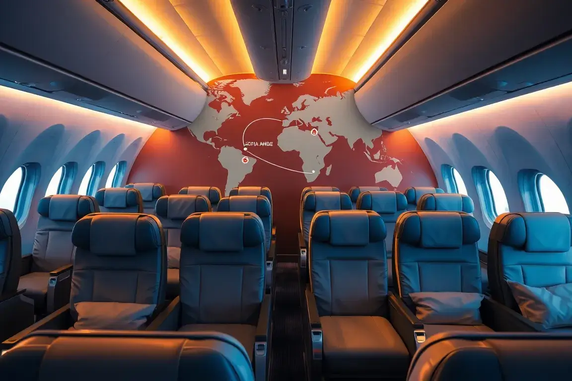 Australien: €2.291 Business Class Sofia–Adelaide: Erstelle ein fotorealistisches Bild einer luxuriösen Business Class Kabine in einem Flugz…