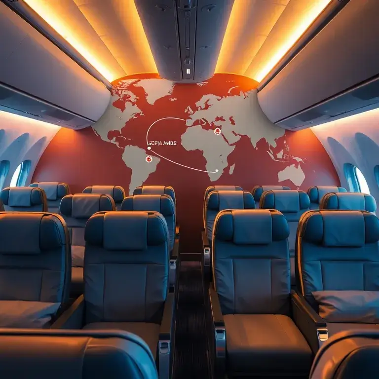 Australien: €2.291 Business Class Sofia–Adelaide: Erstelle ein fotorealistisches Bild einer luxuriösen Business Class Kabine in einem Flugz…