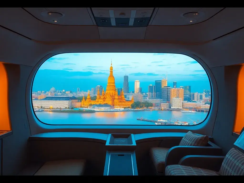 Dealz der Woche: Oman Air, Eurowings & ASMALLWORLD: Bannerbild der Woche: Luxuriöse Oman Air Business Class Kabine im Vordergrund, Bangkok …