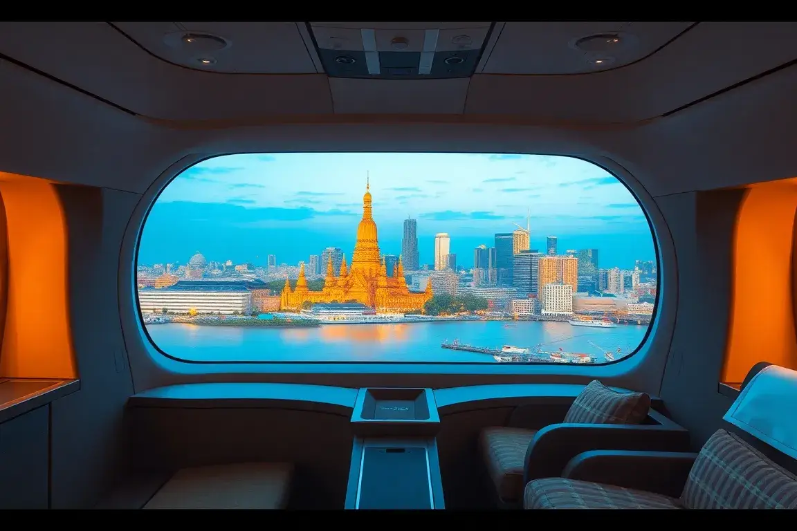 Dealz der Woche: Oman Air, Eurowings & ASMALLWORLD: Bannerbild der Woche: Luxuriöse Oman Air Business Class Kabine im Vordergrund, Bangkok …