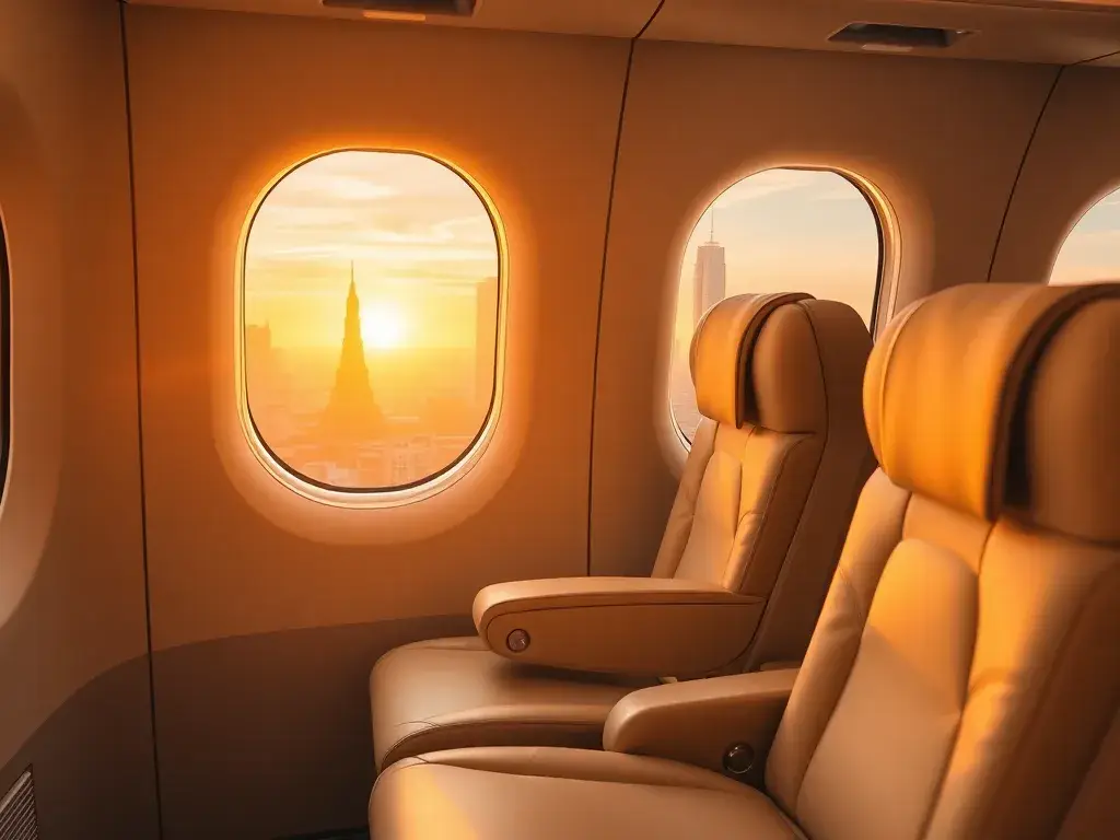 Dealz Woche: Oman Air nach Bangkok, Eurowings BIZ nach Dubai: Header-Bild: Eine stilvolle Collage aus einer Oman Air Business Class Kabine …