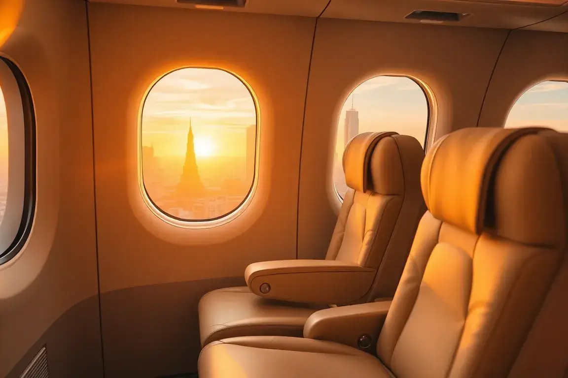 Dealz Woche: Oman Air nach Bangkok, Eurowings BIZ nach Dubai: Header-Bild: Eine stilvolle Collage aus einer Oman Air Business Class Kabine …