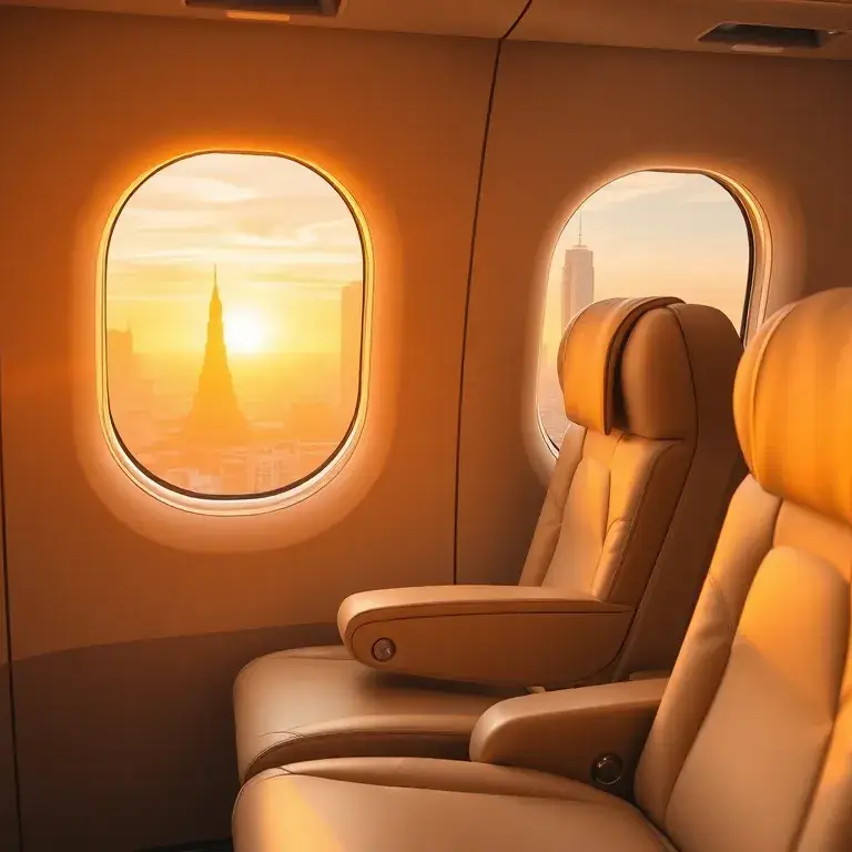 Dealz Woche: Oman Air nach Bangkok, Eurowings BIZ nach Dubai: Header-Bild: Eine stilvolle Collage aus einer Oman Air Business Class Kabine …