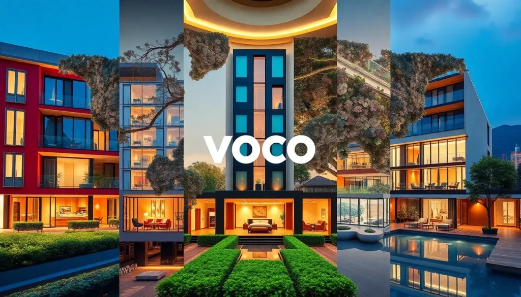 Die 10 günstigsten voco-Hotels - Preisgünstige voco-Hotels weltweit: Mid-Post Bildprompt: Eine fotorealistische Collage moderner voco-Hotel…