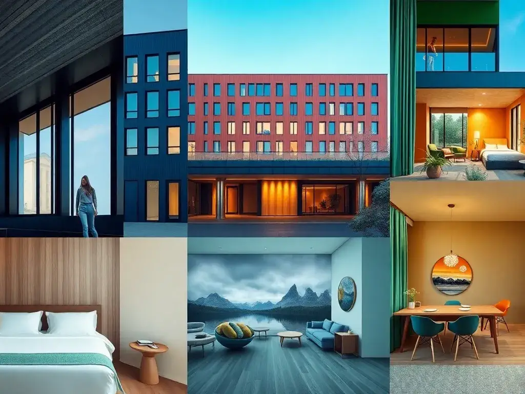 Die 10 günstigsten voco-Hotels weltweit: Eine stilvolle Collage moderner voco-Hotels weltweit in einem harmonischen Farbschema; zeitgenössi…