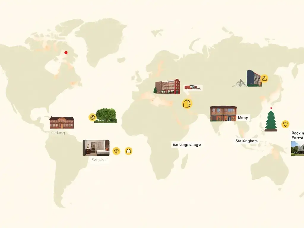 Die 10 günstigsten voco-Hotels weltweit: Header-Bild: Eine hochwertige, stilvolle Collage moderner voco-Hotels weltweit vor einer hellen Hi…