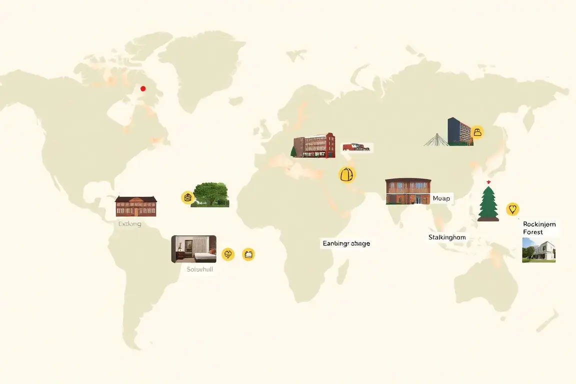 Die 10 günstigsten voco-Hotels weltweit: Header-Bild: Eine hochwertige, stilvolle Collage moderner voco-Hotels weltweit vor einer hellen Hi…