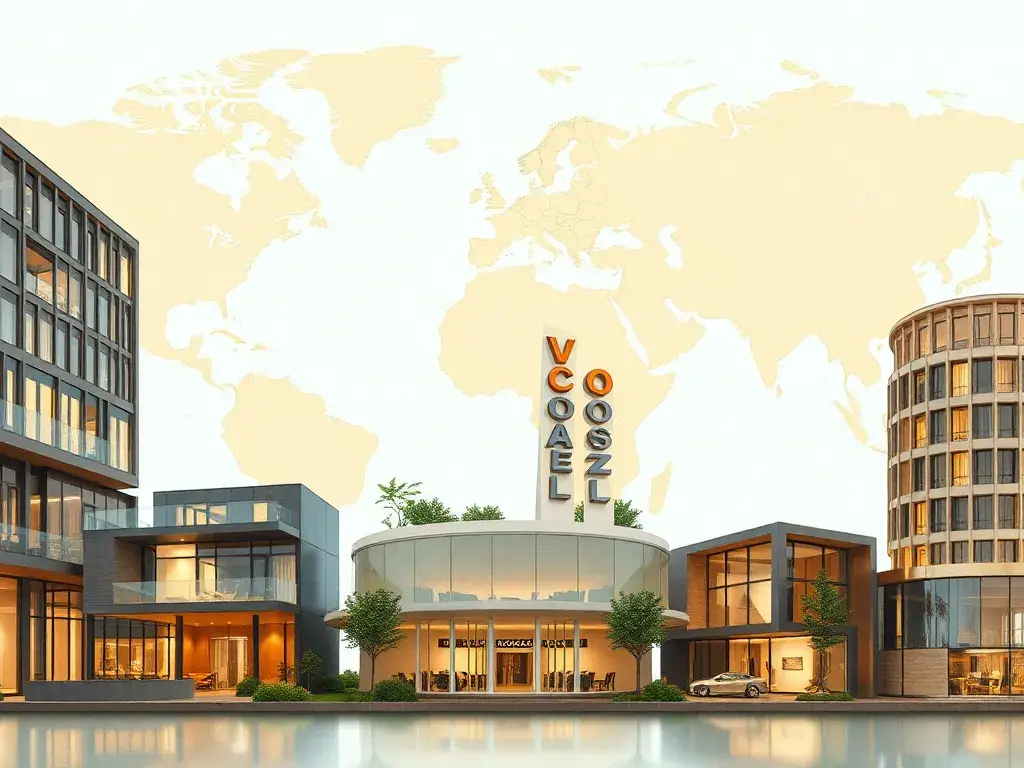 Die 10 günstigsten voco-Hotels weltweit: Midjourney-Stil: Fotorealistische Collage mehrerer voco-Hotels weltweit mit moderner Architektur, …