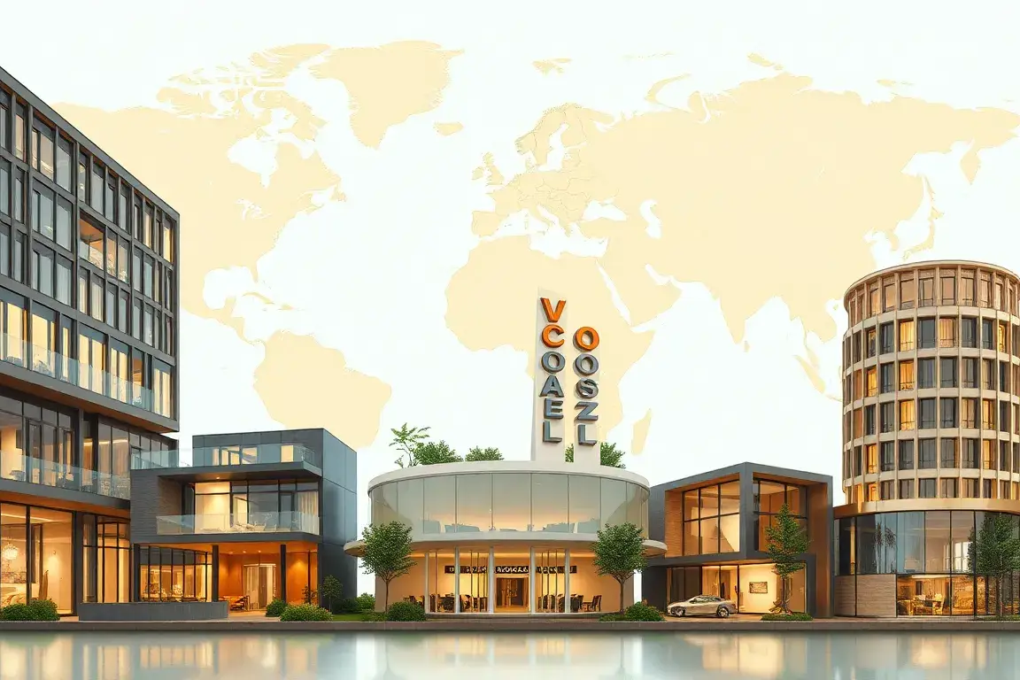 Die 10 günstigsten voco-Hotels weltweit: Midjourney-Stil: Fotorealistische Collage mehrerer voco-Hotels weltweit mit moderner Architektur, …