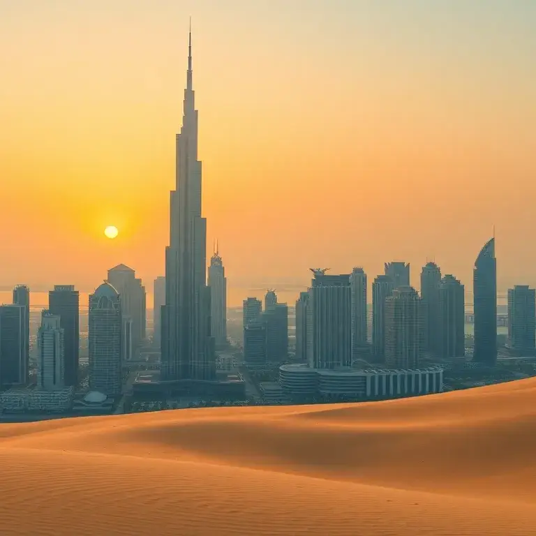 Dubai entdecken: Geschichte, Architektur und Kultur: Eine epische fotorealistische Panoramaaufnahme Dubais bei Sonnenuntergang: Burj Khalif…