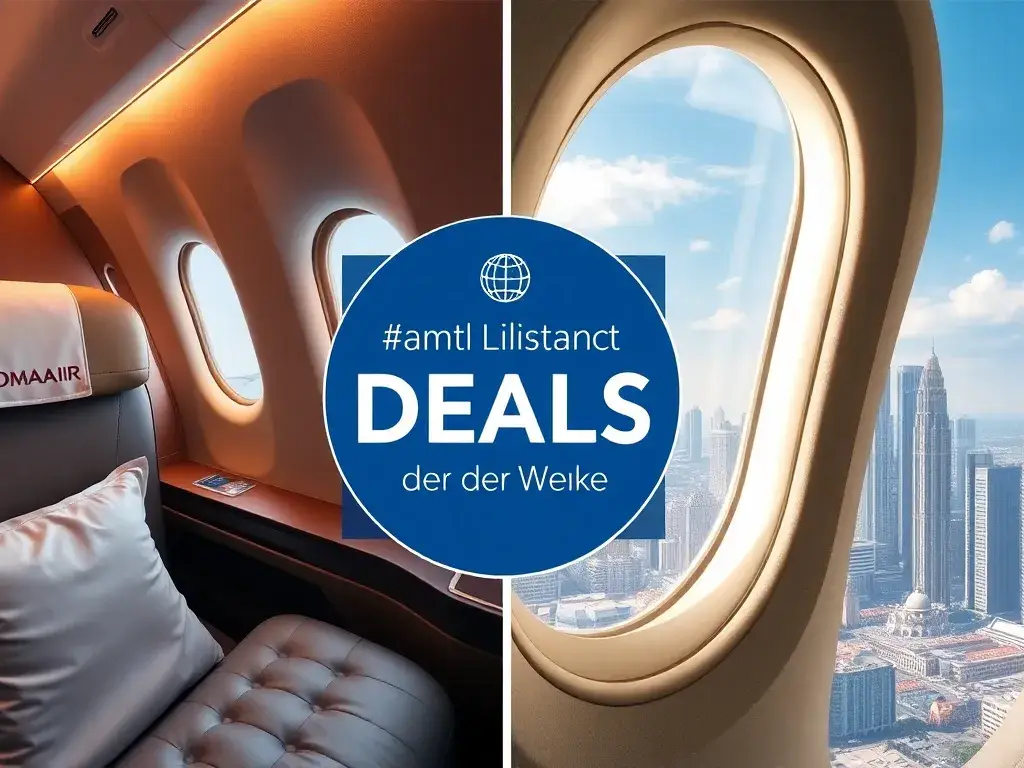 Handverlesene Deals der Woche: Oman Air & Eurowings: Eine stilvolle Travel-Deal-Collage: Oman Air Business Class-Kabine, Bangkok-Skyline du…
