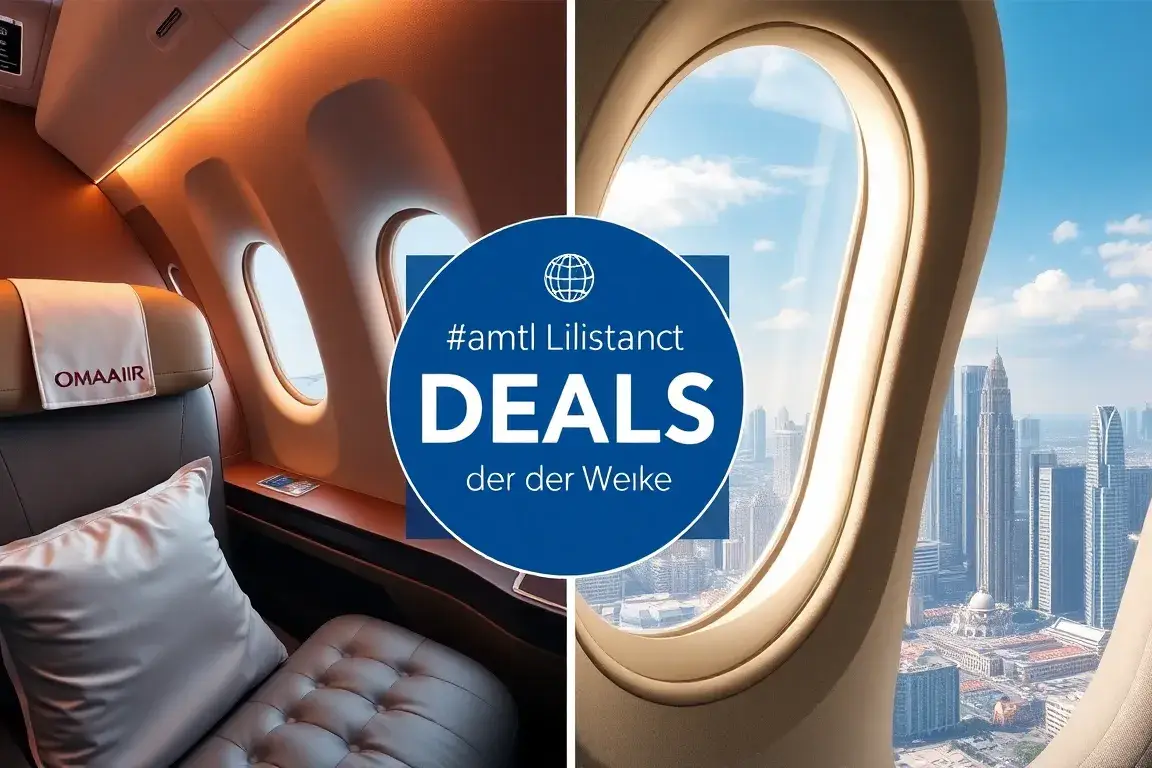 Handverlesene Deals der Woche: Oman Air & Eurowings: Eine stilvolle Travel-Deal-Collage: Oman Air Business Class-Kabine, Bangkok-Skyline du…