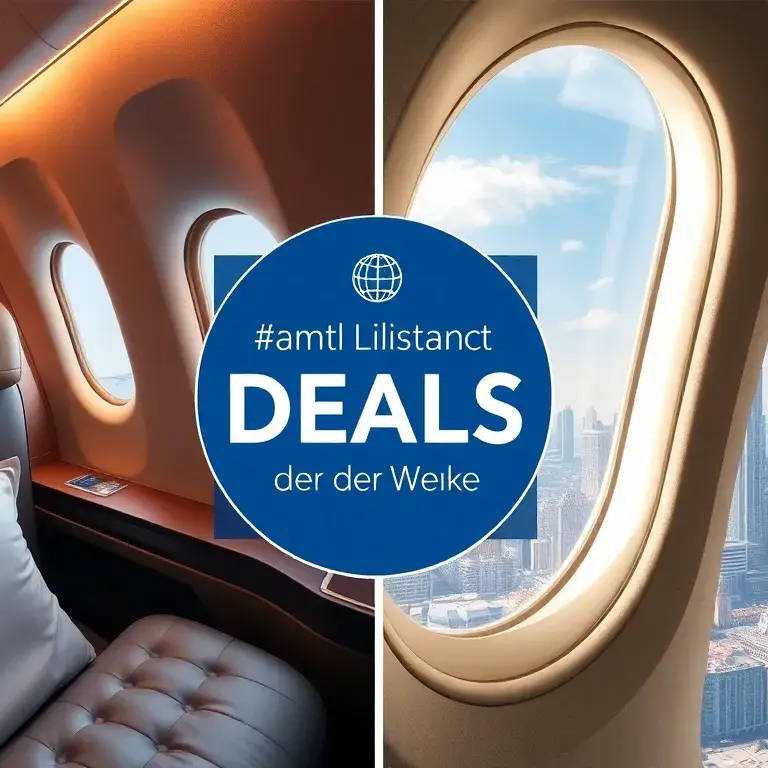 Handverlesene Deals der Woche: Oman Air & Eurowings: Eine stilvolle Travel-Deal-Collage: Oman Air Business Class-Kabine, Bangkok-Skyline du…
