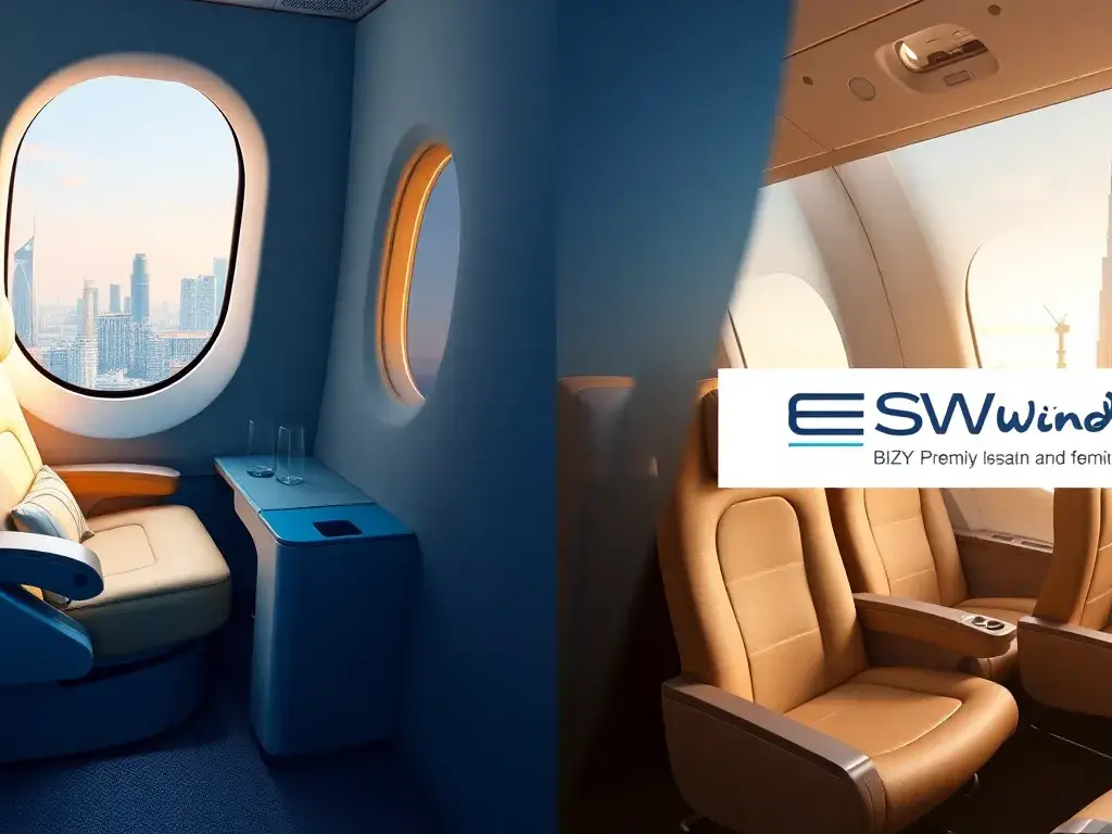 Handverlesene Deals der Woche: Oman Air & Eurowings: Ein hochwertiges Hero-Bild als Collage: Oman Air Business Class-Suite mit cremefarbene…
