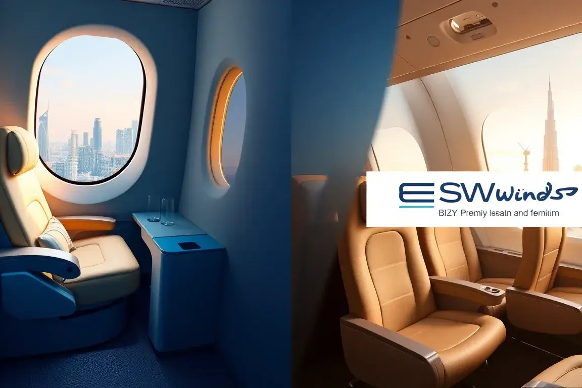 Handverlesene Deals der Woche: Oman Air & Eurowings: Ein hochwertiges Hero-Bild als Collage: Oman Air Business Class-Suite mit cremefarbene…