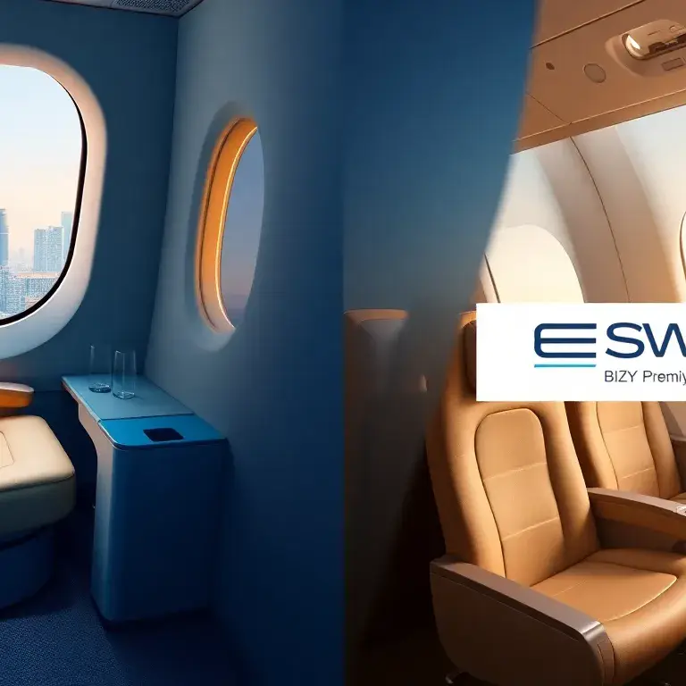 Handverlesene Deals der Woche: Oman Air & Eurowings: Ein hochwertiges Hero-Bild als Collage: Oman Air Business Class-Suite mit cremefarbene…