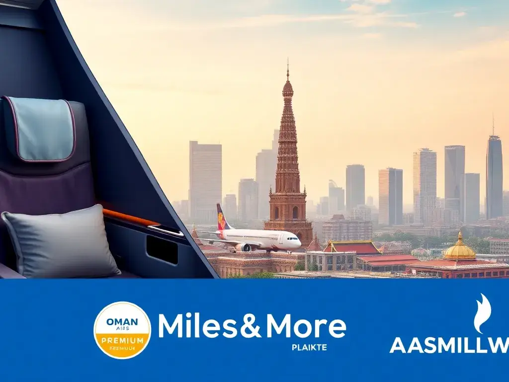 Handverlesene Deals der Woche: Oman Air nach Bangkok & Eurowings: Eine hochwertige Titelbild-Collage: links eine luxuriöse Oman Air Busines…