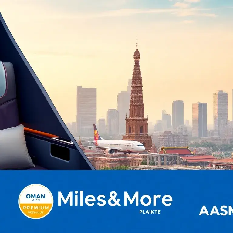 Handverlesene Deals der Woche: Oman Air nach Bangkok & Eurowings: Eine hochwertige Titelbild-Collage: links eine luxuriöse Oman Air Busines…