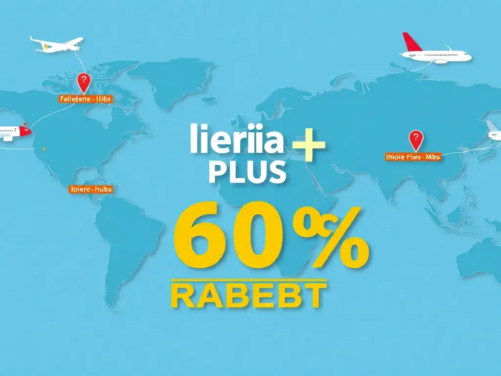 Iberia Plus Angebote: Bis zu 60% Prämienrabatt: Eine stilvolle, hochauflösende Illustration: Eine Weltkarte mit Pfeilen, Avios-Münzen, die …