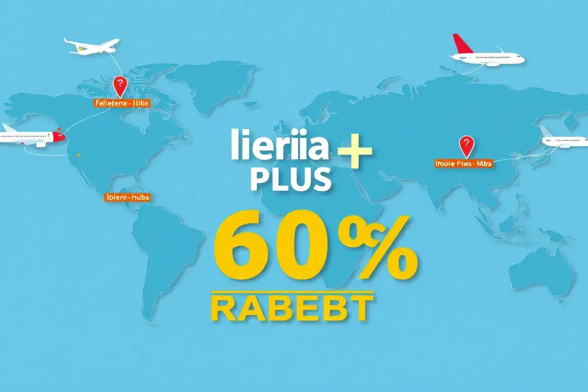 Iberia Plus Angebote: Bis zu 60% Prämienrabatt: Eine stilvolle, hochauflösende Illustration: Eine Weltkarte mit Pfeilen, Avios-Münzen, die …