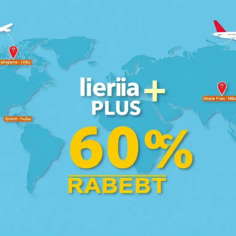 Iberia Plus Angebote: Bis zu 60% Prämienrabatt: Eine stilvolle, hochauflösende Illustration: Eine Weltkarte mit Pfeilen, Avios-Münzen, die …