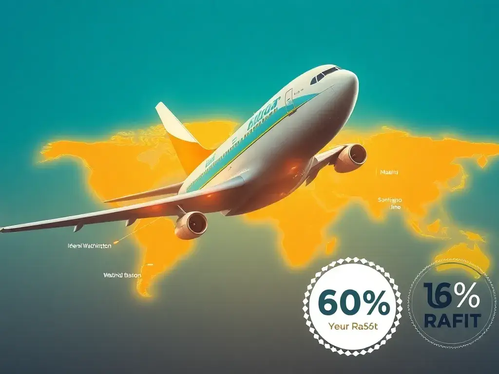 Iberia Plus: Bis zu 60% Rabatt auf Award-Flüge: Stil: Fotorealistisches Reiseposter in Iberia-Blau und Gold; Eine moderne Iberia-Maschine i…